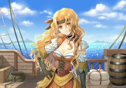  alternate_costume bad_id bad_twitter_id belt belt_buckle blonde_hair breasts brigid_(fire_emblem) brigid_(pirate)_(fire_emblem) buckle choker cleavage closed_mouth dress elbow_gloves female fire_emblem fire_emblem:_genealogy_of_the_holy_war fire_emblem_heroes gloves hanasaki_komugi hand_on_own_hip headband long_hair ocean pirate pirate_costume ship sky smile solo watercraft wavy_hair yellow_eyes 