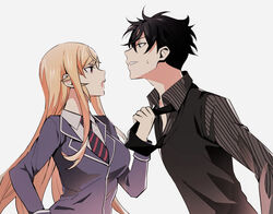  1boy black_hair black_necktie black_vest blonde_hair breasts collared_shirt commentary_request diagonal-striped_clothes diagonal-striped_necktie doromame eye_contact female grey_background hand_up jacket large_breasts long_hair long_sleeves looking_at_another loose_necktie nakiri_asahi nakiri_erina necktie necktie_grab neckwear_grab open_mouth purple_eyes purple_jacket red_necktie school_uniform shirt shokugeki_no_souma short_hair simple_background striped_clothes striped_necktie striped_shirt sweatdrop tootsuki_saryou_ryouri_gakuen_uniform two-tone_necktie upper_body vertical-striped_clothes vertical-striped_shirt vest white_shirt wing_collar 