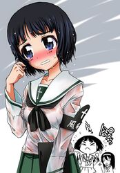  &gt;_&lt; 2girls armband black_eyes black_hair black_neckerchief blouse blunt_bangs blush bob_cut bra breasts chibi chibi_inset clenched_hands clipboard closed_mouth commentary frown fujimaru_arikui girls_und_panzer green_skirt hairband hand_in_own_hair head_tilt holding holding_clipboard long_sleeves motion_lines multiple_girls neckerchief ooarai_school_uniform open_mouth pleated_skirt reizei_mako school_uniform see-through serafuku shirt short_hair skirt small_breasts sono_midoriko standing translated underwear wet wet_clothes wet_hair wet_shirt white_bra white_shirt 