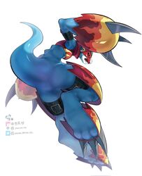  arm_belt belt black_belt blue_skin blue_tail claws colored_skin digimon digimon_(creature) fladramon flame_print helmet highres leg_belt multicolored_skin open_mouth red_eyes simple_background twitter_username two-tone_skin white_background white_skin youzaiyouzai112 