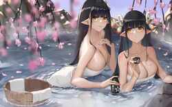  2girls :o absurdres bare_shoulders black_hair blunt_bangs blush breasts bucket cherry_blossoms choko_(cup) cleavage collarbone cup fewer_digits genera-x hair_ornament highres hinoa large_breasts long_hair minoto monster_hunter_(series) monster_hunter_rise multiple_girls naked_towel onsen outdoors pointy_ears same-sex_bathing shared_bathing siblings sisters smile tokkuri towel twins yellow_eyes 