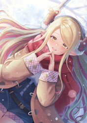  absurdres belt blonde_hair blush coat commentary corset draph dutch_angle female granblue_fantasy highres horn_cover horn_ornament horn_warmers horns kumbhira_(granblue_fantasy) multicolored_hair niccoriii open_clothes open_coat open_mouth pointy_ears red_hair scarf smile solo steepled_fingers streaked_hair yellow_eyes 