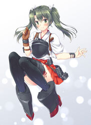  boots brown_gloves dark_green_hair female gloves green_eyes hair_ribbon hakama hakama_short_skirt hakama_skirt highres japanese_clothes kantai_collection long_hair minakami_nagara muneate partially_fingerless_gloves red_hakama ribbon rudder_footwear single_glove skirt solo tasuki thigh_boots thighhighs twintails white_ribbon yugake zuikaku_(kancolle) zuikaku_kai_ni_(kancolle) 