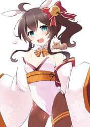  adapted_costume ahoge animal_ears armpit_crease armpits bare_shoulders black_pantyhose blue_eyes blush bow bowtie breasts brown_hair collar detached_collar detached_sleeves female hair_between_eyes hairbow highres hololive japanese_clothes long_sleeves looking_at_viewer matsurisu natsuiro_matsuri natsuiro_matsuri_(new_year) open_mouth pantyhose playboy_bunny rabbit_ears rabbit_tail sash shirogane_(platinum) side_ponytail tail teeth thigh_strap thighs tongue upper_teeth_only virtual_youtuber white_background white_collar 