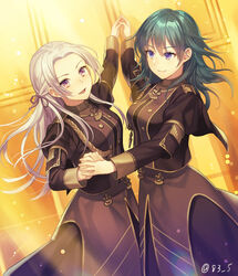  2girls aiguillette blonde_hair blue_eyes blue_hair byleth_(female)_(fire_emblem) byleth_(fire_emblem) closed_mouth commentary_request edelgard_von_hresvelg fire_emblem fire_emblem:_three_houses garreg_mach_monastery_uniform hair_ribbon holding_hands long_hair long_sleeves medium_hair multiple_girls open_mouth purple_eyes ribbon smile twitter_username uniform yamigo yuri 