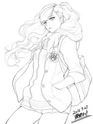  artist_name bag briefcase cardigan dated female greyscale hair_ornament hairclip hands_in_pockets highres hood jacket line_art looking_at_viewer monochrome open_mouth parted_bangs persona persona_5 school_bag school_briefcase school_uniform shoulder_bag shuujin_academy_school_uniform signature simple_background skirt solo swept_bangs takamaki_anne thighs twintails warabino_matsuri white_background zipper zipper_pull_tab 