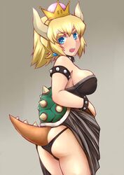  armlet ass black_collar black_dress black_panties blonde_hair blue_eyes bowsette bracelet breasts clothes_lift collar commentary cowboy_shot crown dress dress_lift earrings female fujimaru_arikui grey_background horns jewelry large_breasts lifting_own_clothes looking_at_viewer looking_back mario_(series) medium_hair new_super_mario_bros._u_deluxe open_mouth panties pointy_ears ponytail sharp_teeth simple_background skindentation solo spiked_armlet spiked_bracelet spiked_collar spiked_shell spiked_tail spikes strapless strapless_dress super_crown tail teeth turtle_shell underwear 