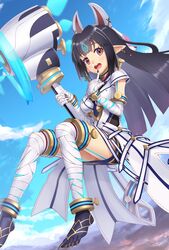  :d bad_id bad_twitter_id bandages black_hair breasts day dress elbow_gloves female floating gloves glowing_lines gonzarez hammer highres holding holding_hammer kasandra_(xenoblade) levitation long_hair looking_at_viewer mask medium_breasts outdoors pointy_ears red_eyes short_dress sky smile teeth thighhighs upper_teeth_only xenoblade_chronicles_(series) xenoblade_chronicles_2 