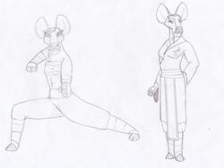  4:3 abs anthro asian_clothing cervine chest_wraps chinese_clothing clothed clothing deer dreamworks east_asian_clothing female fighting_pose graphite_(artwork) hand_behind_head hanfu hi_res jade_tusk kung_fu_panda mammal pencil_(artwork) pose puttee smile solo traditional_media_(artwork) unclesam1976 water_deer wraps wrist_wraps 