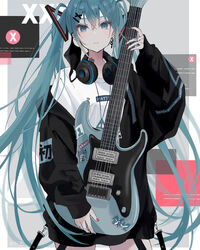  alternate_costume aqua_background aqua_eyes aqua_hair bad_id bad_pixiv_id barcode barcode_tattoo black_jacket border commentary earrings electric_guitar english_text female fender_stratocaster finger_tattoo guitar hair_ornament hairclip hatsune_miku headphones headphones_around_neck highres holding holding_instrument instrument jacket jewelry long_hair long_sleeves looking_at_viewer nail_polish neck_tattoo number_earrings red_nails romaji_text shirt simple_background single_earring sleeves_past_wrists sutera_sea tattoo twintails unamused very_long_hair vocaloid white_shirt x_hair_ornament 