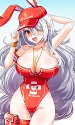  arm_behind_head azur_lane breasts casual_one-piece_swimsuit cleavage collarbone covered_navel female gradient_background hair_between_eyes hands_on_headwear hat highres houshi large_breasts lifeguard long_hair looking_at_viewer official_alternate_costume one-piece_swimsuit pouch prinz_heinrich_(azur_lane) prinz_heinrich_(rabbit_on_watch)_(azur_lane) red_eyes red_headwear red_one-piece_swimsuit shiny_skin smile swimsuit thigh_pouch thigh_strap thighs upper_body very_long_hair white_hair 