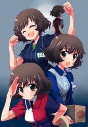  7-eleven :d akiyama_yukari anglerfish black_necktie blue_shirt book brown_eyes brown_hair character_name circle_k_sunkus clenched_hands closed_eyes closed_mouth collared_shirt commentary employee_uniform familymart female fish fujimaru_arikui girls_und_panzer hand_on_own_hip holding holding_book lawson leaning_forward long_sleeves looking_at_viewer messy_hair multicolored_shirt name_tag necktie open_mouth raised_fist salute shirt short_hair short_sleeves smile standing striped_clothes striped_shirt translated uniform vertical-striped_clothes vertical-striped_shirt zipper 