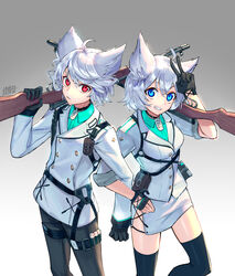  1boy ahoge animal_ears artist_name black_collar black_gloves black_legwear black_pants blue_eyes buttons canata_katana closed_mouth collar commentary_request eyelashes female gloves grey_background gun hair_between_eyes hand_on_own_hip hand_up harness holding holding_gun holding_weapon holster jacket locked_arms long_sleeves looking_at_viewer military military_uniform original pants red_eyes shiny_skin short_hair side_slit skirt sleeves_rolled_up teeth thighhighs uniform v weapon white_hair white_jacket white_skirt 