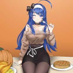  ahoge alternate_costume apron azur_lane bangs bare_shoulders belfast_(azur_lane) belfast_(azur_lane)_(cosplay) blue_eyes blue_hair blush breasts chaesu chicken_(food) cleavage cosplay detached_sleeves eating eyebrows_visible_through_hair female food fork hairband highres huge_ahoge long_hair looking_at_viewer maid_headdress medium_breasts orie_(under_night_in-birth) pancake pantyhose pumpkin skirt solo under_night_in-birth very_long_hair waffle white_hairband 