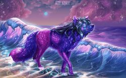  artist_name beach big_tail bioluminescence black_hair blue_theme canid canine claws cloud cool_colors cosmic cosmic_background cosmic_fur digitigrade female feral feral_with_hair flowing_hair fluffy fluffy_tail fox fur glowing glowing_eyes hair hi_res long_fur long_hair long_tail looking_ahead looking_up mammal medium_snout melodyofforest paws pose purple_theme sea seaside smile snout solo surreal tail walking water wave 