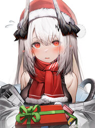  absurdres arknights bare_shoulders blush breasts condom condom_wrapper female flying_sweatdrops fur-trimmed_headwear fur-trimmed_scarf fur_trim gift grey_hair grindstone hat headhunting_permit_(arknights) heart heart_in_eye highres holding holding_gift horns long_hair looking_at_viewer medium_breasts mudrock_(arknights) open_mouth parted_lips pointy_ears red_eyes red_scarf ringed_eyes santa_hat scarf simple_background symbol_in_eye tab_head upper_body white_background 