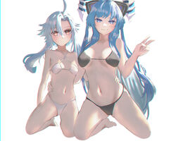  2girls absurdres ahoge ass_visible_through_thighs bikini black_bikini blue_eyes blue_hair breasts breasts_apart closed_mouth collarbone commission commissioner_upload expressionless flat_chest full_body hair_between_eyes hand_on_another&#039;s_waist highres hikaru_aruka horns kiseijou_rei_(goddess_form) kneeling large_breasts light_blue_hair long_hair looking_at_viewer multiple_girls navel neptune_(series) non-web_source power_symbol power_symbol-shaped_pupils red_eyes short_hair_with_long_locks sidelocks sign simple_background smile stomach swimsuit symbol-shaped_pupils v very_long_hair warning_sign white_background white_bikini white_heart_(neptunia) 