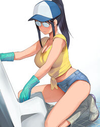  a1_(initial-g) baseball_cap black-framed_eyewear black_hair blush boots breasts cleavage commentary_request denim denim_shorts female glasses gloves hat high_ponytail houkago_teibou_nisshi kneeling large_breasts long_hair navel oono_makoto opaque_glasses parted_lips ponytail rubber_boots rubber_gloves shirt short_shorts short_sleeves shorts simple_background solo sweat thighs tied_shirt tile_floor tiles white_background yellow_shirt 