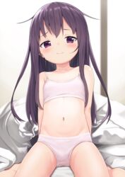  akatsuki_(kancolle) bare_arms bare_legs bare_shoulders barefoot bed_sheet blush bra closed_mouth collarbone commentary_request dx_(dekusu) female flat_chest futon garter_straps groin hair_between_eyes highres kantai_collection long_hair navel panties pink_bra pink_panties purple_eyes purple_hair sitting solo underwear underwear_only wariza white_panties 