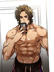  1boy abs ag_ss41 bara brown_eyes brown_hair cellphone door enjoji_michiru holding holding_phone idolmaster idolmaster_side-m looking_at_phone looking_at_viewer male_focus muscular muscular_male pants pectorals phone selfie smartphone solo taking_picture tan topless_male track_pants 