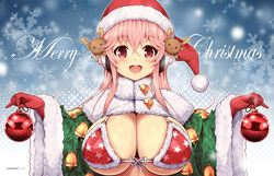  antlers bikini blush breasts christmas christmas_ornaments cleavage cloak female hat headphones horns large_breasts long_hair looking_at_viewer merry_christmas nitroplus pink_eyes red_eyes reindeer_hair_ornament santa_bikini santa_hat smile solo super_sonico swimsuit virus-g 