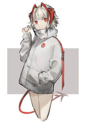  absurdres alternate_costume antenna_hair arknights blunt_bangs closed_mouth cropped_legs demon_girl demon_horns demon_tail female grey_background grey_jacket hand_in_pocket high_collar highres horns jacket koane_k long_sleeves looking_at_viewer multicolored_hair nail_polish no_pants red_eyes red_hair red_nails short_hair solo tail two-tone_background two-tone_hair w_(arknights) white_hair 