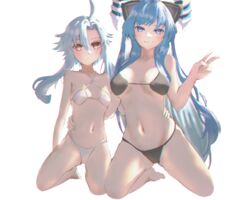  2girls absurdres ahoge ass_visible_through_thighs bikini black_bikini blue_eyes blue_hair breasts breasts_apart closed_mouth collarbone commission commissioner_upload expressionless flat_chest full_body hair_between_eyes hand_on_another&#039;s_waist highres hikaru_aruka horns kiseijou_rei_(goddess_form) kneeling large_breasts light_blue_hair long_hair looking_at_viewer multiple_girls navel neptune_(series) non-web_source power_symbol power_symbol-shaped_pupils red_eyes short_hair_with_long_locks sidelocks sign smile stomach swimsuit symbol-shaped_pupils transparent_background v very_long_hair warning_sign white_bikini white_heart_(neptunia) 