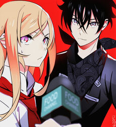  1boy black_hair black_scarf black_shirt blonde_hair blurry blurry_foreground closed_mouth commentary_request crossed_bangs doromame female hair_between_eyes holding holding_microphone long_hair looking_at_viewer microphone nakiri_asahi nakiri_erina necktie pink_eyes purple_eyes red_background red_necktie scarf shirt shokugeki_no_souma short_hair signature smile sweatdrop upper_body 