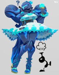  accessory alien alien_humanoid armor avoid_posting bioluminescence black_armor blue_bow blue_clothing blue_panties blue_underwear bottomwear bow_(feature) bow_accessory bow_ribbon bow_shoes button_(fastener) button_dress clothed clothing clothing_lift confusion dark_samus dessert dress dress_lift female food footwear game_and_watch gigeresque_(genre) glowing goo_creature goo_humanoid grey_background hair_accessory hair_ribbon hairbow headgear helmet humanoid ice_cream ice_cream_cone marilyn_monroe metroid metroid_(species) metroid_prime nintendo not_furry panties pattern_bottomwear pattern_clothing pattern_panties pattern_underwear polka_dot_panties question_mark ribbons sandals simple_background super_smash_bros. teke underwear upskirt visor 