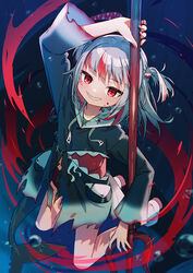  air_bubble arm_up blood blood_on_face blunt_bangs bubble commentary dark_persona female fins fish_tail full_body gawr_gura gawr_gura_(1st_costume) grey_hair grin hair_ornament highres hololive hololive_english long_hair long_sleeves looking_at_viewer multicolored_hair nail_polish polearm red_eyes red_hair red_nails reflect_(gawr_gura) shark_girl shark_tail sharp_teeth smile solo streaked_hair tail teeth torn_clothes trident two-tone_hair two_side_up uchako underwater virtual_youtuber weapon wide_sleeves 