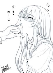  blush dated female glasses gloves hairband highres kantai_collection line_art long_sleeves monochrome necktie ooyodo_(kancolle) open_mouth saliva school_uniform semi-rimless_eyewear serafuku signature solo_focus tongue tongue_grab tongue_out under-rim_eyewear warabino_matsuri 