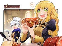  1boy ashe_ubert blonde_hair bread chef_hat eating female fire_emblem fire_emblem:_three_houses food freckles from_side frying_pan garreg_mach_monastery_uniform green_eyes grey_hair hat heart holding holding_food hood hood_down ingrid_brandl_galatea ladle long_hair long_sleeves looking_to_the_side meat notice_lines open_mouth rirene_rn short_hair spoken_heart uniform 