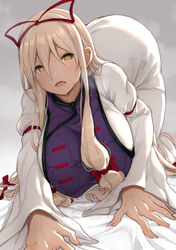  all_fours alternate_headwear arm_strap ass blonde_hair blush breasts bright_pupils commentary_request crawling curvy dress female fingernails full_body hair_between_eyes hair_ribbon half-closed_eyes hanging_breasts head_tilt heavy_breathing highres huge_breasts lips long_sleeves looking_past_viewer naughty_face opanchu_(hakusen) open_mouth outline parted_bangs puffy_long_sleeves puffy_sleeves red_ribbon ribbon sharp_fingernails shiny_clothes sidelighting sidelocks solo steam sweat sweatdrop tabard teeth tongue top-down_bottom-up touhou tress_ribbon white_dress white_pupils wide_sleeves yakumo_yukari yellow_eyes 