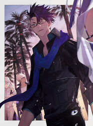  3boys archer_(fate) archer_(summer_casual)_(fate) bespectacled black-framed_eyewear blue_scarf blurry blurry_foreground border brynhildr_(fate) brynhildr_(swimsuit_berserker)_(fate) commentary_request fate/grand_order fate_(series) female from_below glasses hair_between_eyes itefu manly multicolored_hair multiple_boys open_mouth outdoors outside_border palm_tree photoshop_(medium) prince_of_lan_ling_(eastern_socialite_attire)_(fate) prince_of_lan_ling_(fate) purple_hair purple_scarf scarf sigurd_(fate) sigurd_(memories_with_my_lover)_(fate) sleeves_past_elbows teeth tree two-tone_hair water_drop 