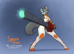  action_pose anthro canid canine closed_eyes digital_media_(artwork) english_text female feretta fox fur grey_body grey_fur hi_res mammal pose railgun ranged_weapon red_fox silver_fox smile space_vixen tale_of_tails text true_fox vixavil_hayden weapon webtoon 