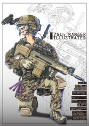  absurdres american_flag assault_rifle battle_dress_uniform battle_rifle boots camouflage camouflage_pants carabiner cargo_pants combat_boots cross-laced_footwear female flashlight fn_scar fn_scar_17 gloves glowstick grey_background gun headset helmet highres knee_pads lace-up_boots long_sleeves looking_to_the_side military night_vision_device on_one_knee original pants rifle safety_glasses scope shadow tactical_clothes tom_keith trigger_discipline weapon 