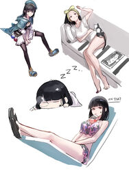  absurdres bare_arms bare_legs barefoot belt beret bikini black_footwear black_hair black_legwear black_nails blue_cape blue_footwear blue_headwear blunt_bangs breasts brown_eyes cape cat_on_person chibi cleavage closed_mouth collarbone commentary couch cushion drink drinking_straw drinking_straw_in_mouth facial_mark feline female hat highres korean_text looking_at_viewer lying mac_star medium_hair multiple_views navel object_on_breast on_couch on_side on_stomach original pantyhose pink_bikini potion sandals shirt shoes short_sleeves simple_background sitting skirt sleeping sneakers star_(symbol) star_facial_mark swimsuit t-shirt thighhighs translation_request v_arms white_background white_shirt white_skirt zzz 