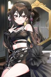  bangs banned_artist bare_shoulders beret black_choker black_shirt black_skirt blush brown_eyes brown_hair choker closed_mouth crop_top crossed_bangs double_bun earrings female hair_between_eyes hair_bun hat highres idolmaster idolmaster_cinderella_girls indoors jewelry long_hair looking_at_viewer midriff miniskirt mirror mirror_image mole mole_under_eye navel necklace sake_dong shirt sitting skirt smile solo sunazuka_akira thighs twitter_username very_long_hair watermark 