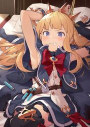  armpits bed belt black_gloves black_thighhighs blonde_hair blue_cape blue_eyes blue_skirt blush bound bound_wrists bow bowtie bracelet cagliostro_(dark)_(granblue_fantasy) cagliostro_(granblue_fantasy) cape clenched_teeth female flask gloves granblue_fantasy hairband hinami_(hinatamizu) jewelry long_hair long_sleeves lying partially_fingerless_gloves pillow red_bow red_bowtie ribbon shirt skirt solo spiked_hairband spikes sweat teeth thighhighs tiara vial white_shirt 