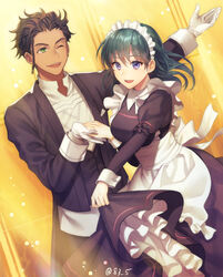  1boy blue_eyes blue_hair brown_hair butler byleth_(female)_(fire_emblem) byleth_(fire_emblem) claude_von_riegan commentary_request dark-skinned_male dark_skin female fire_emblem fire_emblem:_three_houses gloves green_eyes holding_hands long_sleeves maid maid_headdress medium_hair one_eye_closed open_mouth short_hair twitter_username white_gloves yamigo 