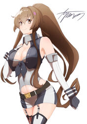  asymmetrical_legwear ayuman breasts brown_hair cherry_blossoms cleavage cosplay cowboy_shot duplicate female fingerless_gloves front-tie_top garter_straps gloves highres iowa_(kancolle) iowa_(kancolle)_(cosplay) kantai_collection large_breasts long_hair looking_at_viewer miniskirt mismatched_legwear pixel-perfect_duplicate ponytail signature simple_background skirt smile solo striped_clothes striped_skirt striped_thighhighs thighhighs vertical-striped_clothes vertical-striped_skirt vertical-striped_thighhighs white_background yamato_(kancolle) 