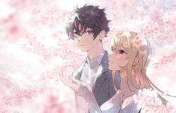  1boy black_hair blurry blurry_background blush cherry_blossoms commentary_request couple doromame female flower grey_sweater hair_between_eyes highres long_hair long_sleeves looking_at_another looking_up nakiri_asahi nakiri_erina outdoors parted_lips petals pink_flower purple_eyes ribbed_sweater shokugeki_no_souma short_hair smile straight sweater turtleneck upper_body 