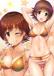  :d absurdres adjusting_clothes adjusting_strap adjusting_swimsuit armpits arms_behind_head ass_visible_through_thighs bikini breasts brown_eyes brown_hair cleavage covered_nipples female grin highres honda_mio idolmaster idolmaster_cinderella_girls looking_at_viewer medium_breasts ment multiple_views navel one_eye_closed open_mouth orange_bikini short_hair smile standing star_(symbol) striped swimsuit teeth thigh_gap thighs wet 