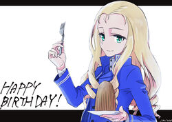  absurdres bc_freedom_military_uniform birthday blonde_hair blue_jacket blue_vest closed_mouth dated dress_shirt drill_hair english_text female food fork girls_und_panzer green_eyes happy_birthday high_collar highres holding holding_fork holding_saucer jacket letterboxed long_hair long_sleeves looking_at_viewer marie_(girls_und_panzer) military military_uniform mont_blanc_(food) oritako saucer shirt smile solo uniform upper_body vest white_background white_shirt 