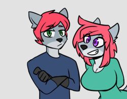  2020 anthro big_breasts breasts brother_(lore) brother_and_sister_(lore) canid canine canis cleavage clothed clothing duo female fur green_eyes green_sclera grey_body grey_fur hair hand_on_chest hands_behind_back lemondude looking_at_viewer male mammal multicolored_body purple_eyes purple_sclera red_hair ryan_(lemondude) serena_(lemondude) sibling_(lore) simple_background sister_(lore) smile wolf 