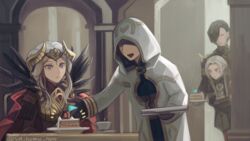  1boy 1other 2girls armor black_hair cake closed_eyes closed_mouth commentary_request cup edelgard_von_hresvelg fake_horns fire_emblem fire_emblem:_three_houses fire_emblem_heroes flag food garreg_mach_monastery_uniform gloves hair_over_one_eye hair_ribbon headpiece holding hood hood_up horns hubert_von_vestra kiran_(fire_emblem) long_hair long_sleeves multiple_girls open_mouth purple_eyes ribbon short_hair sitting suikomu_now table teacup twitter_username uniform white_hair 