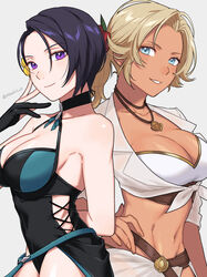  2girls bare_shoulders bikini black_one-piece_swimsuit blonde_hair blue_eyes breasts casual_one-piece_swimsuit catherine_(fire_emblem) catherine_(summer)_(fire_emblem) cleavage dark-skinned_female dark_skin fire_emblem fire_emblem:_three_houses fire_emblem_heroes highres large_breasts looking_at_viewer multiple_girls navel official_alternate_costume one-piece_swimsuit peach11_01 purple_eyes shamir_nevrand shamir_nevrand_(summer) short_hair swimsuit white_bikini 