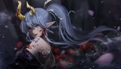  arm_tattoo back_tattoo blood blood_in_hair blue_hair commentary elf female floating_hair highres horns indie_virtual_youtuber japanese_clothes kimono long_hair long_pointy_ears looking_at_viewer off_shoulder open_mouth pointy_ears purple_eyes rae_laveire rae_laveire_(artist) sharp_teeth solo symbol-only_commentary tattoo teeth tongue tongue_out upper_body virtual_youtuber 