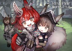  4girls ^_^ absurdres animal_ears arknights arm_around_shoulder arm_wrap armor ashlock_(arknights) ashlock_(elite_ii)_(arknights) black_shirt blush brown_eyes brown_hair buchi0122 closed_eyes crop_top ear_covers ear_tag ears_through_headwear fartooth_(arknights) flametail_(arknights) gambeson gauntlets grass grey_eyes grey_hair grey_shirt highres horse_ears justice_knight_(arknights) multiple_girls open_mouth outdoors pointing pointing_at_viewer red_hair shirt squirrel_ears squirrel_girl squirrel_tail tail teeth upper_teeth_only v-shaped_eyebrows visor_(armor) visor_lift wild_mane_(arknights) 