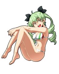  anchovy_(girls_und_panzer) aono3 bikini boots breasts closed_mouth commentary drill_hair female flag_print from_side full_body girls_und_panzer green_hair hair_ribbon highres hugging_own_legs italian_flag_bikini knee_boots long_hair looking_at_viewer medium_breasts navel print_bikini red_eyes ribbon simple_background sitting skindentation smile solo swimsuit twin_drills twintails white_background 